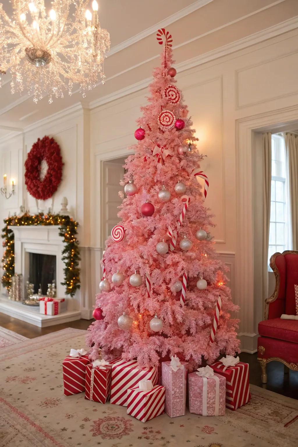 A festive tree with sugar cane accents against pink.
