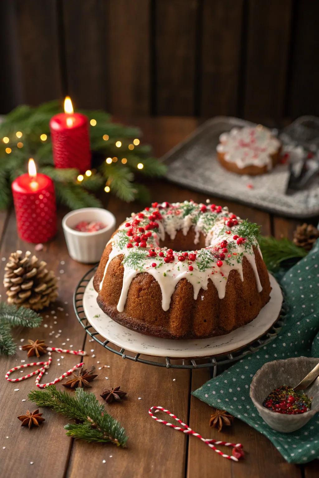 A holiday-themed bundt cake featuring festive adornments.