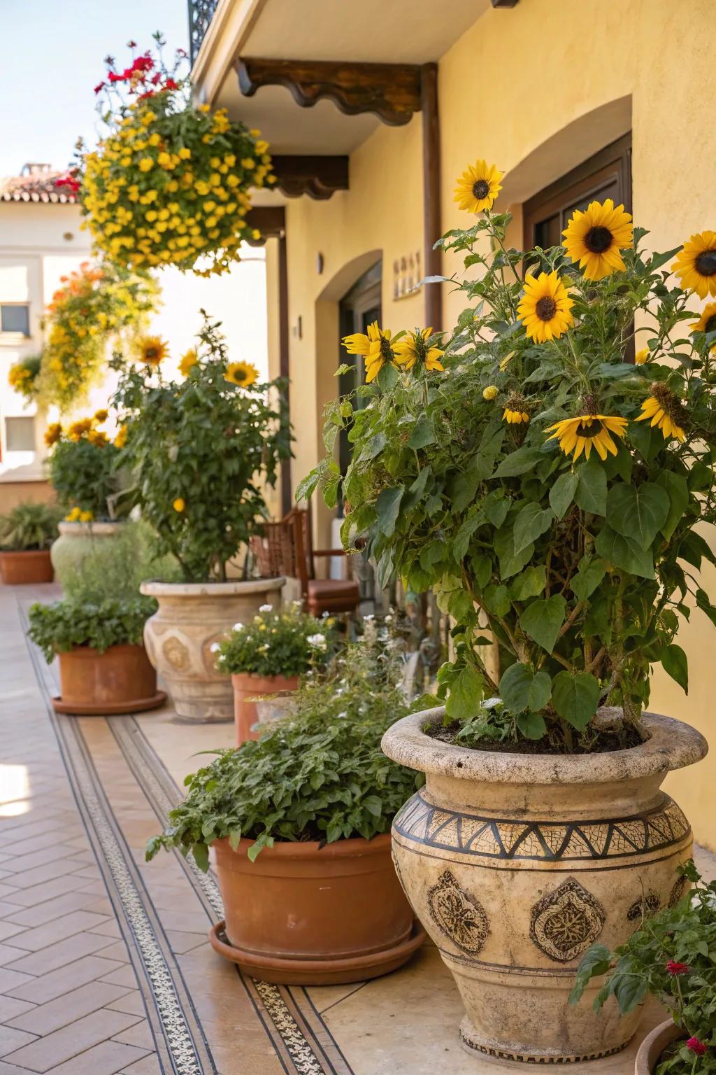 Sunflower flower pots infuse a touch of brightness into your outdoor spaces.