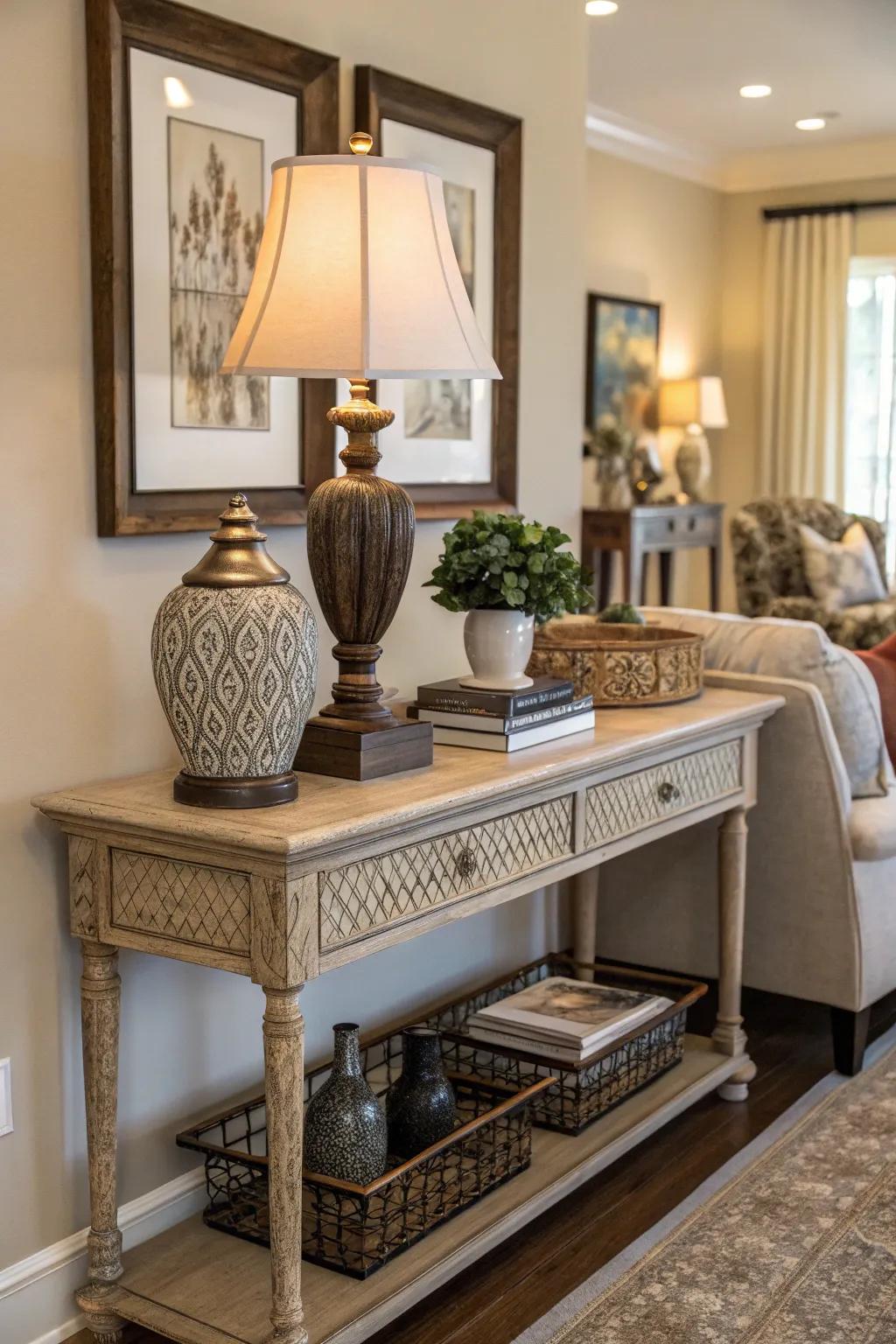 An accent table adds elegance and functionality.