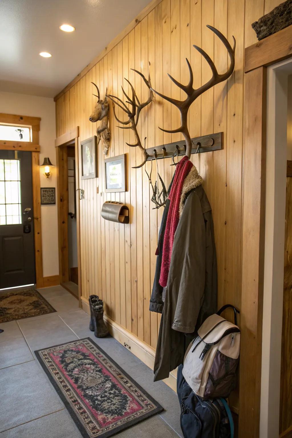 A countryside rack constructed from deer antlers presents a fashionable storage option for an entryway.