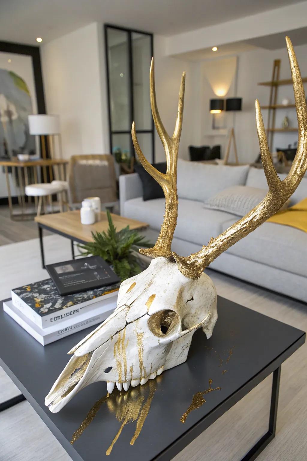 An artistic paint splatter transforms a deer skull into a modern artistic expression.