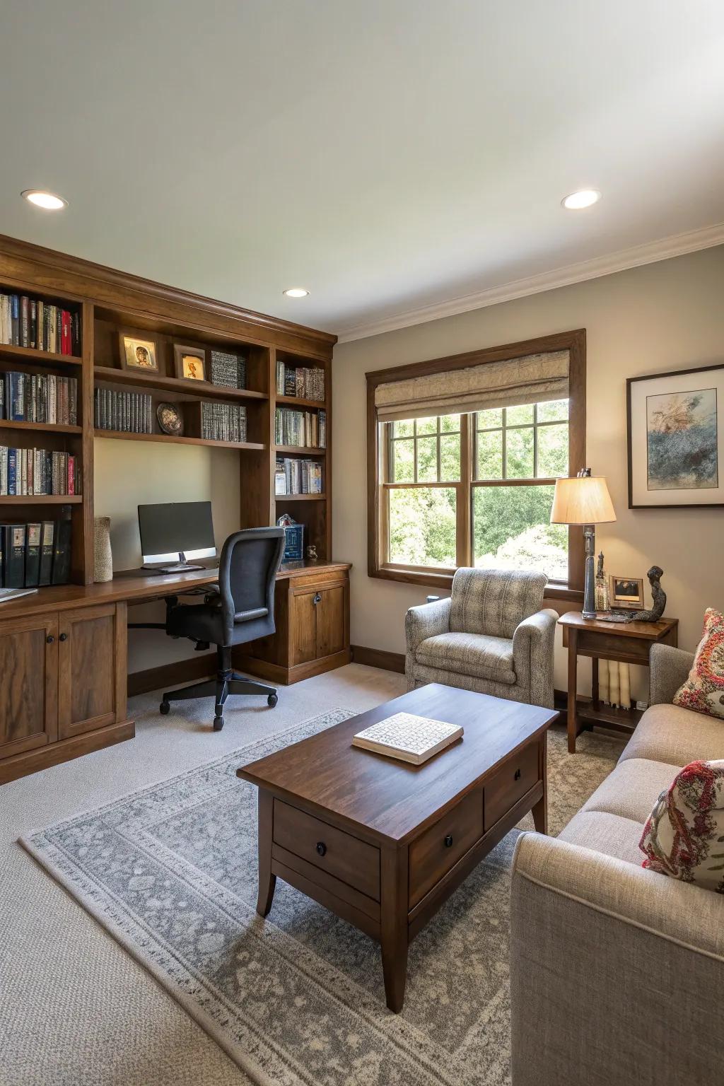 A stylish home office is set up within a den.