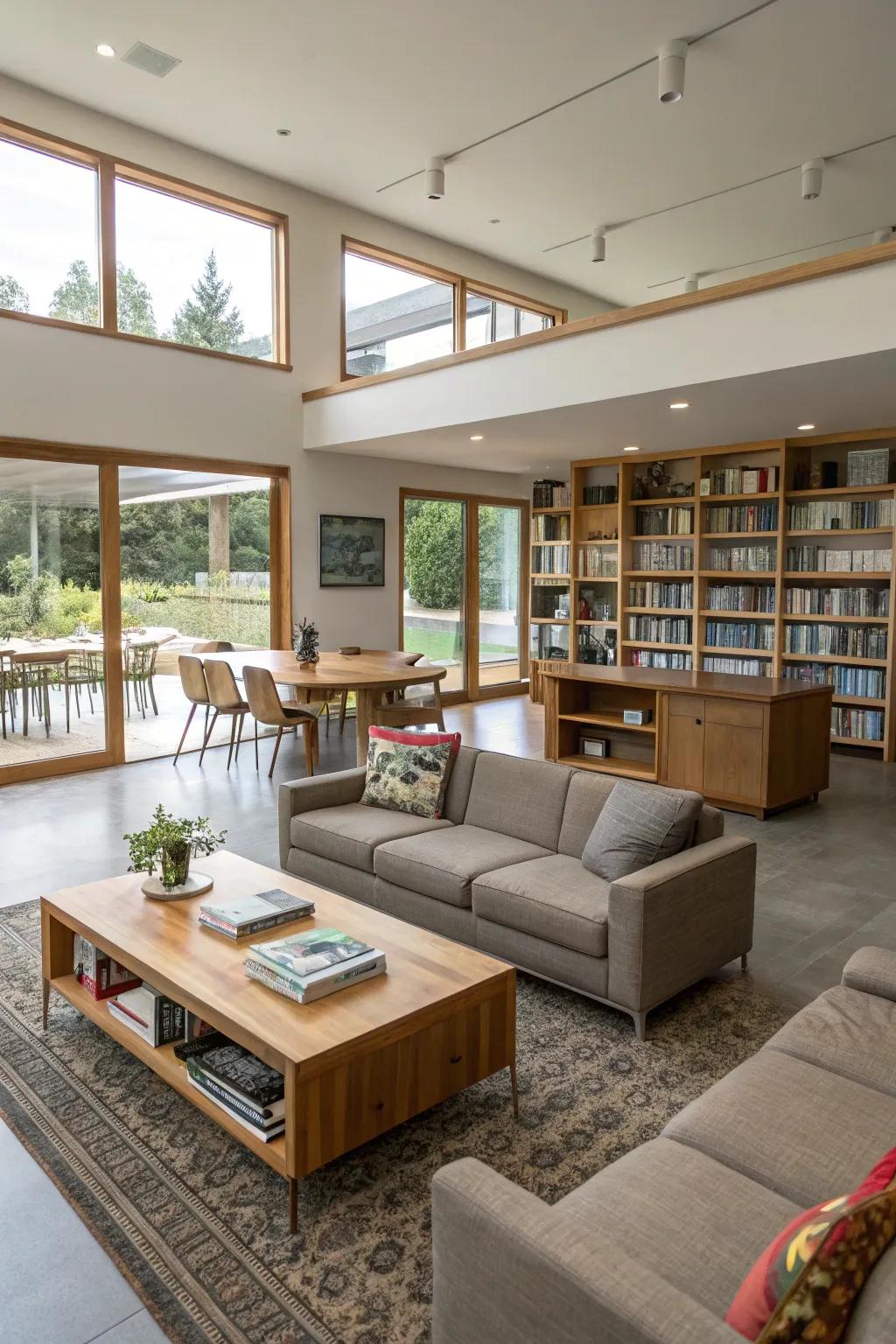 An open design offers versatility in a den.