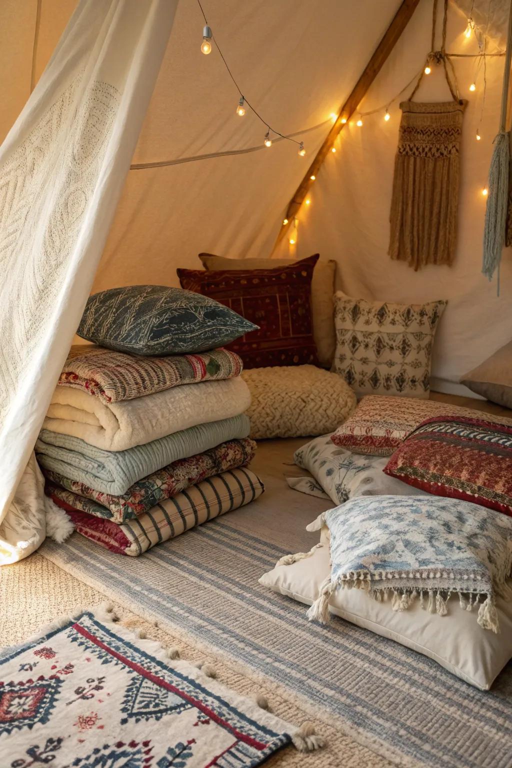 A den featuring layered carpets and an assortment of snug textiles.