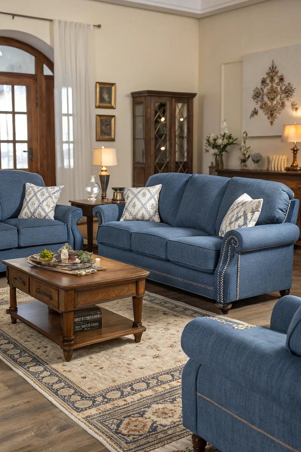 Symmetrical furnishing arrangement enhances a cerulean settee.