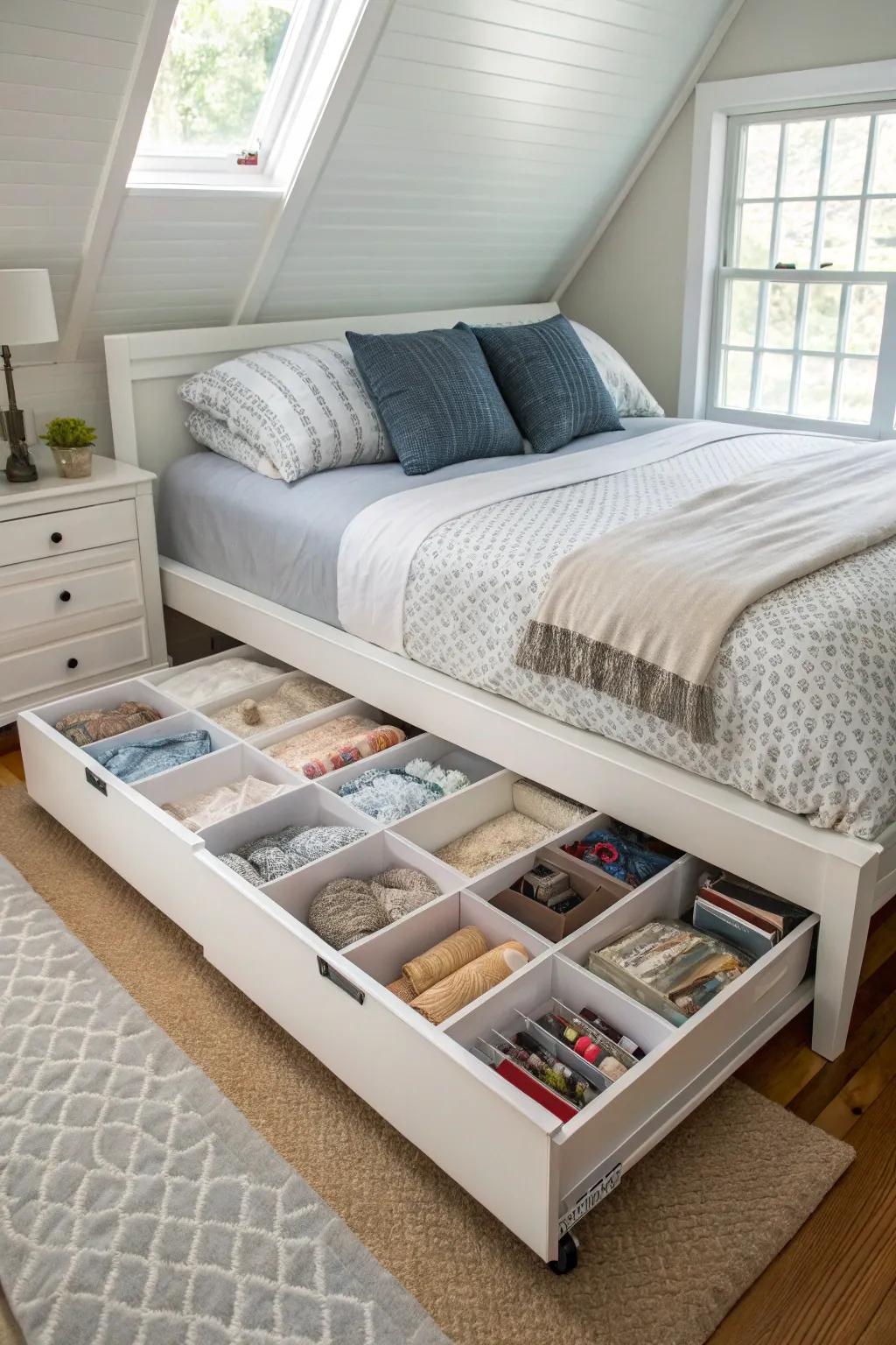 Under-bed storage keeps the diagonal bed area organized.