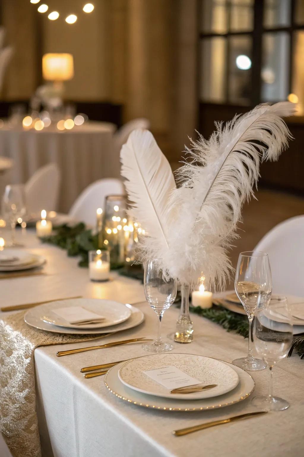 Ivory plumule accents inject a hint of whimsy and refinement.