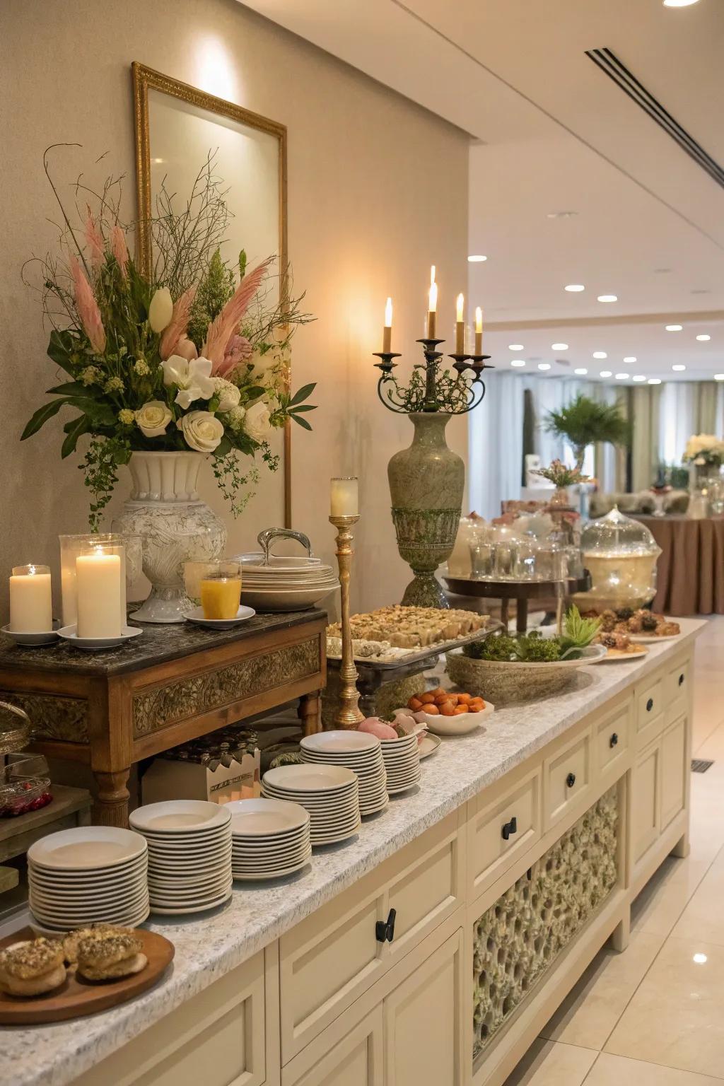 A cohesive color scheme establishes a harmonious and unified buffet decor.