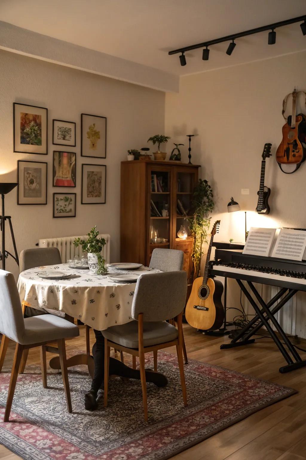 A music room dining area combines entertainment.