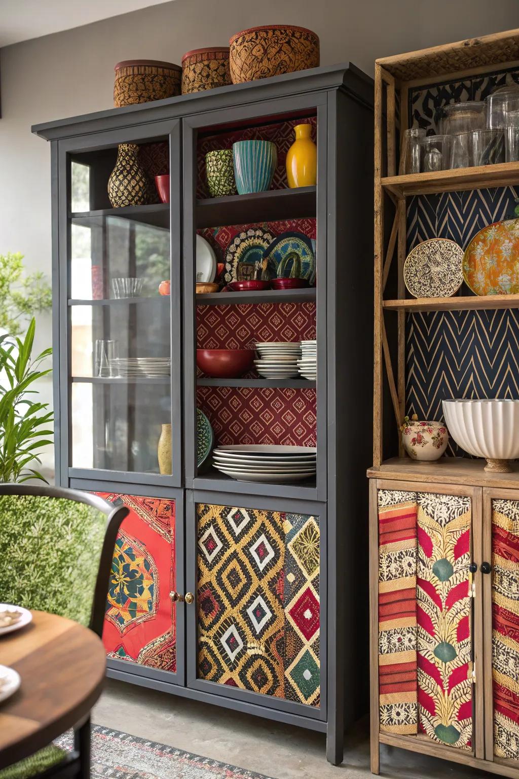 Varied cabinets add personality and flair to the dining room.