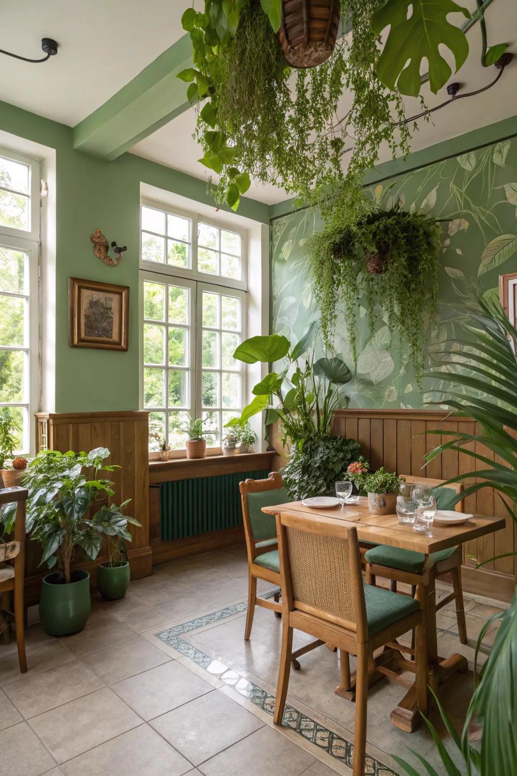 A tranquil dining space is inspired by the serene tones of nature.