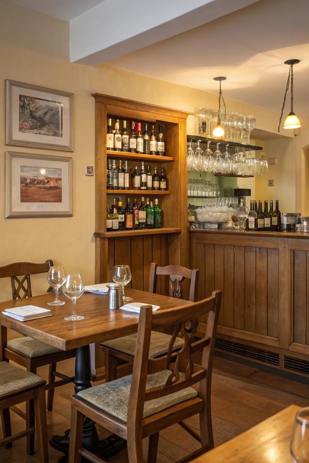 A bar space within the dining room increases convenience and hospitality.