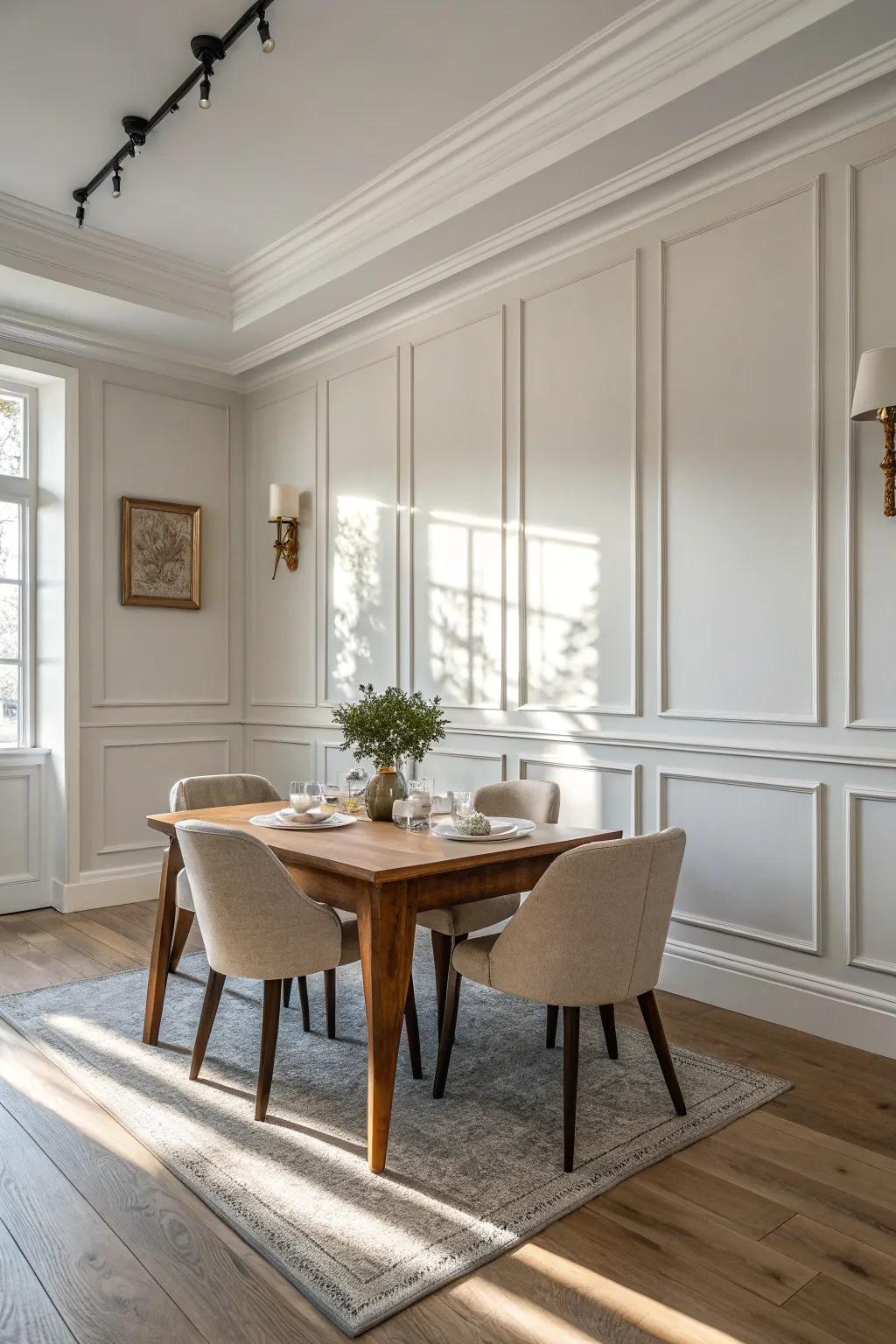 The modern aesthetic is enhanced by the understated wainscoting's sleek lines.