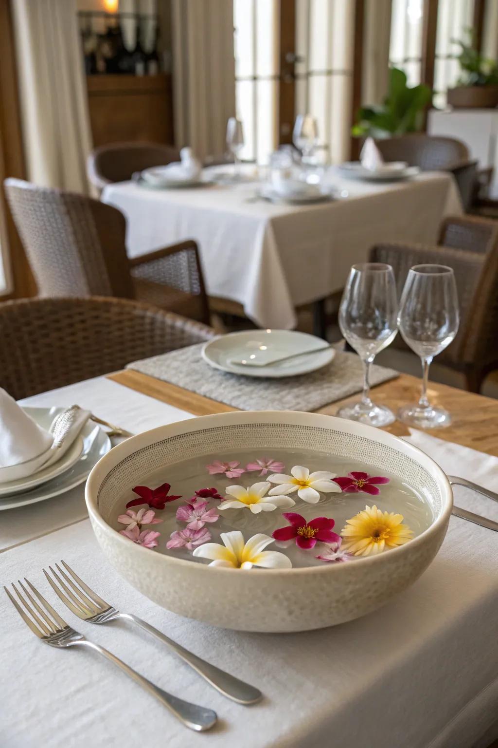 Subtle elegance: Floating blossoms create a tranquil centerpiece.