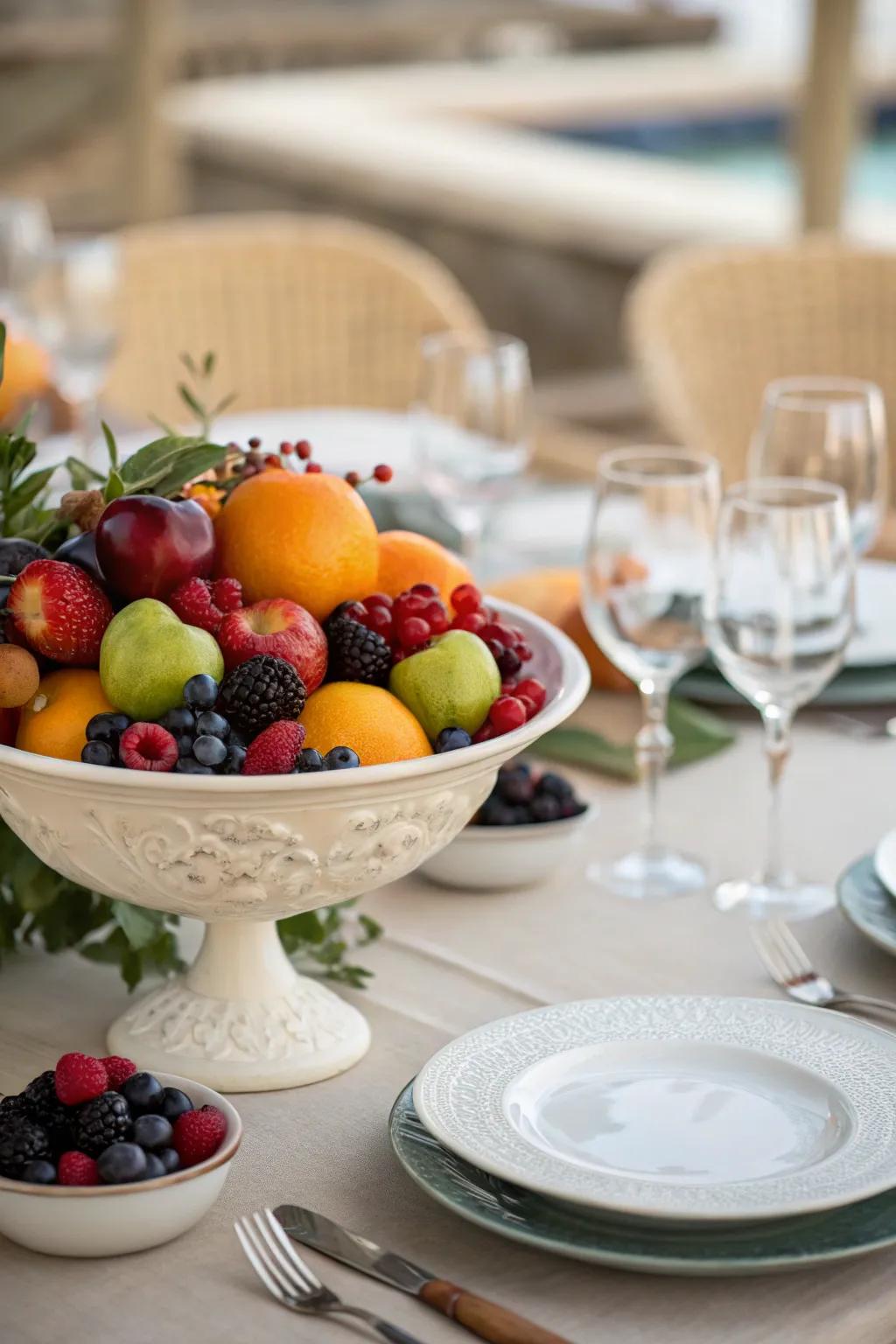 A dining table featuring a centerpiece bowl brimming with fresh, vibrant fruit.