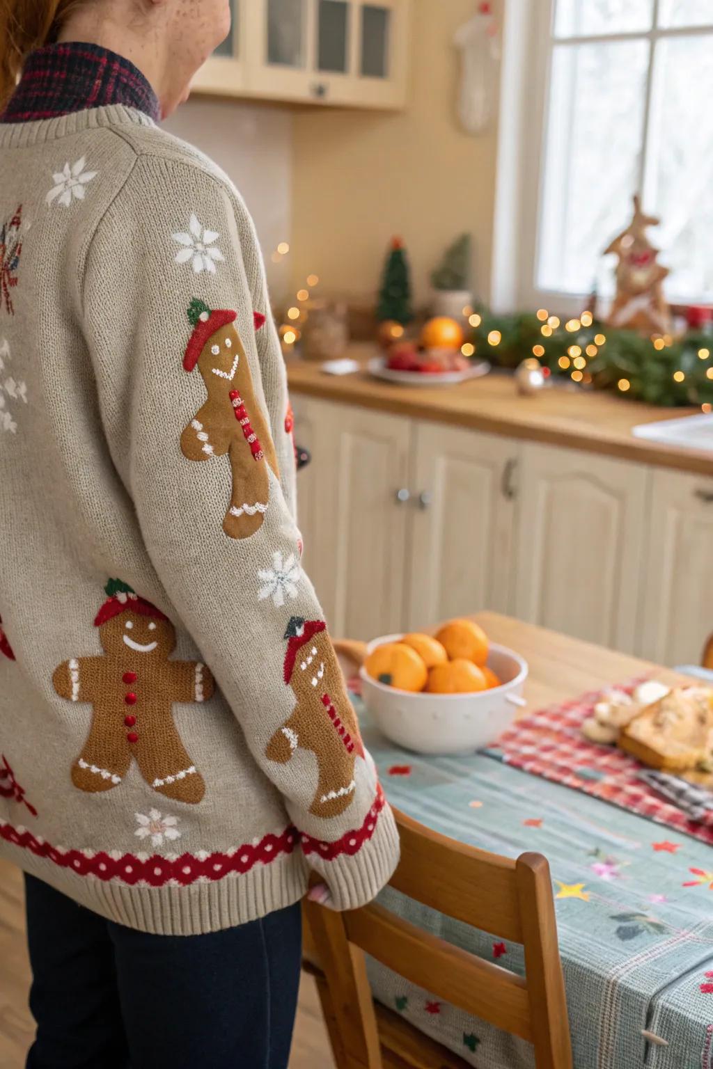 Spicebread figures bring mischief to this holiday sweater.