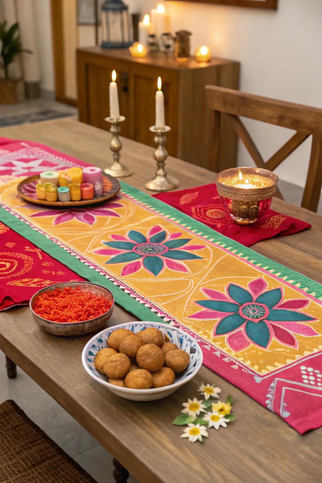 A vibrant table runner adds a festive touch.