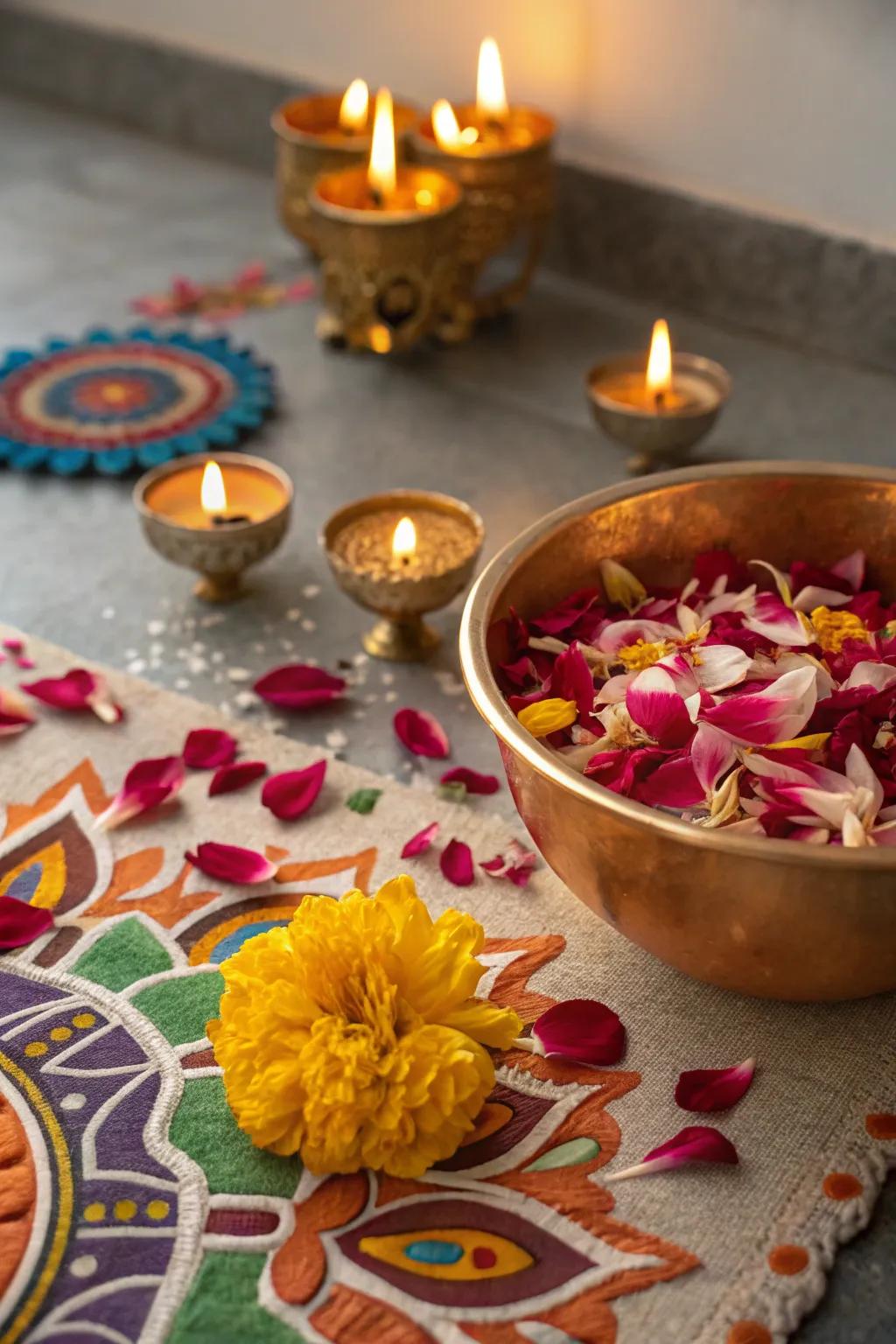 Bowls of scented flowers add an aromatic and festive touch to the table.