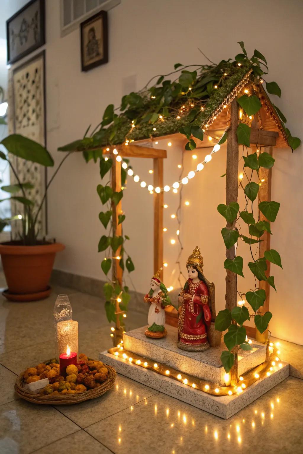 Foliage garland lights impart a captivating radiance to the Golu vista.