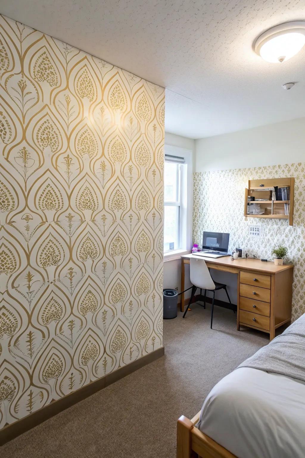 Adhesive wallpaper delivers a smooth and elegant uplift to your dorm space.