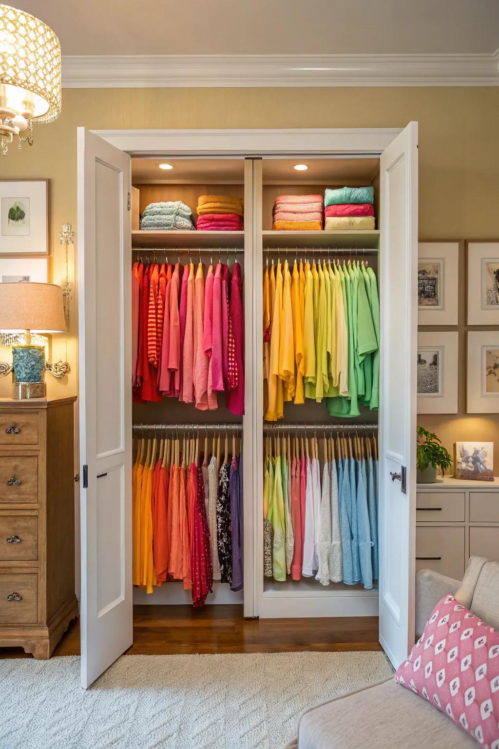 Color-coded organization enhances the aesthetics and efficiency of a double closet.