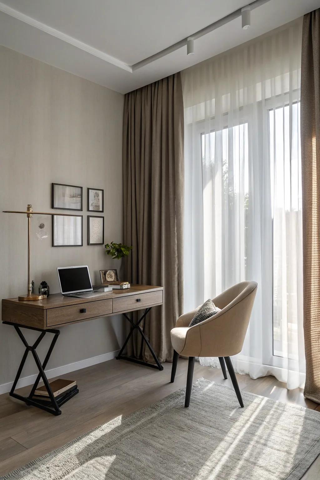 Neutral double curtains evoke a sense of calm and sophistication in this home office.