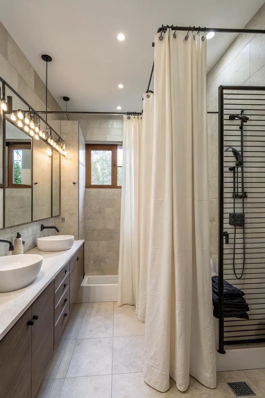 Minimalist drapes with crisp borders fashion a contemporary aesthetic.