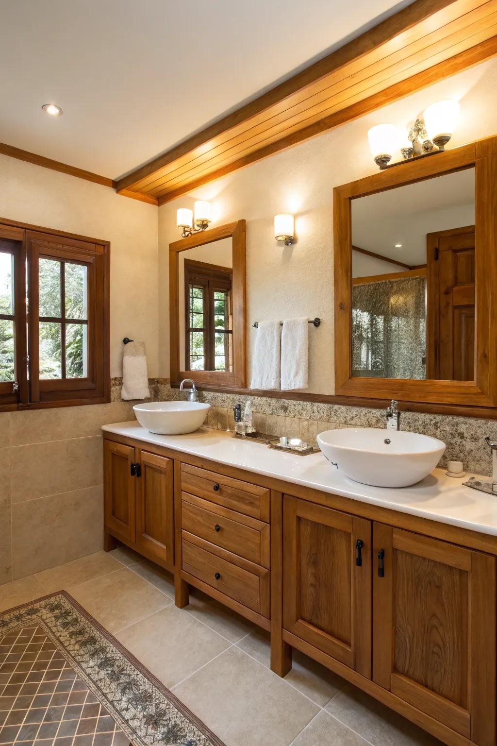 Warm wood cabinetry adds a cozy element to this bathroom with double sinks.