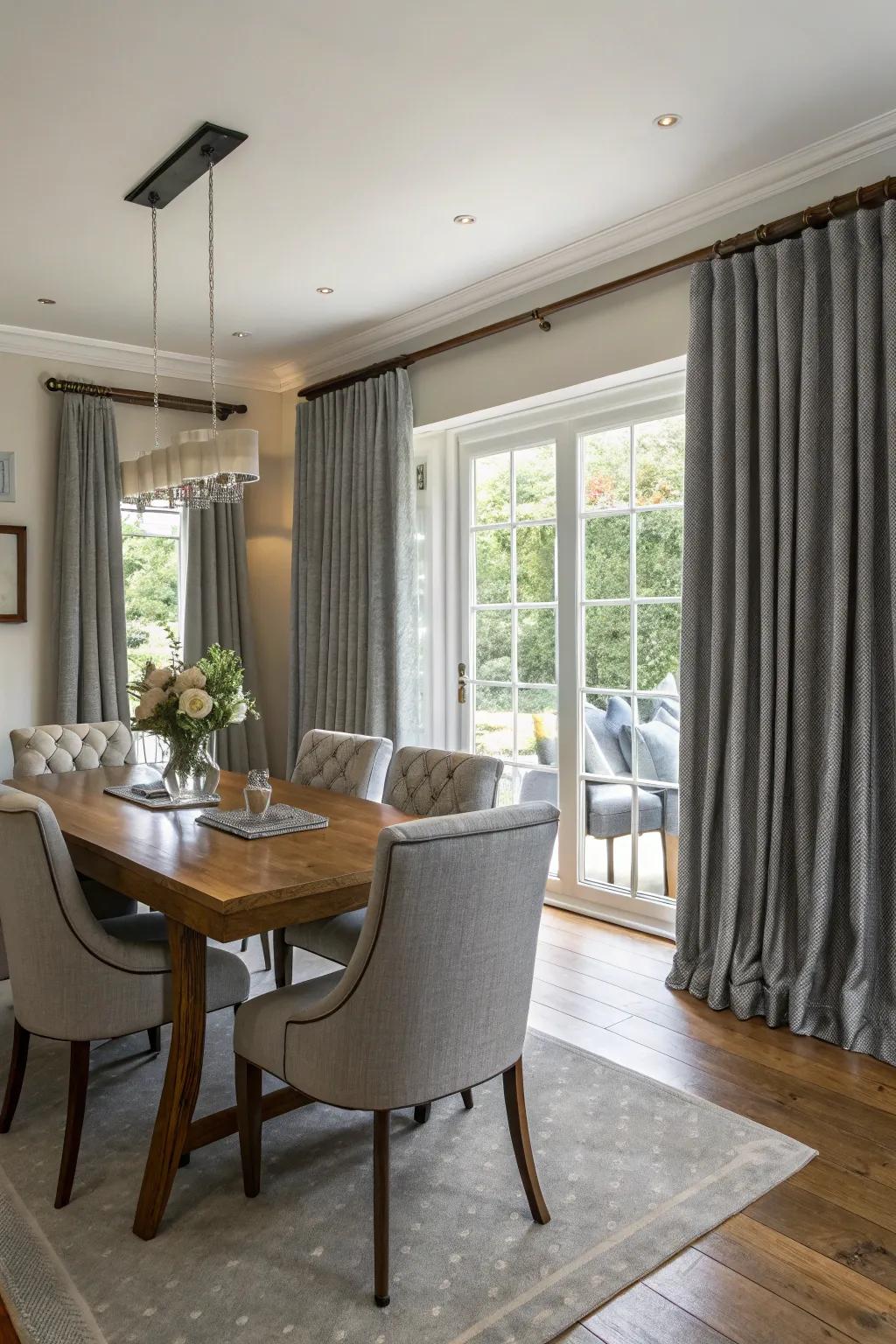 Gray drapes coordinated with dining chairs for a cohesive look.