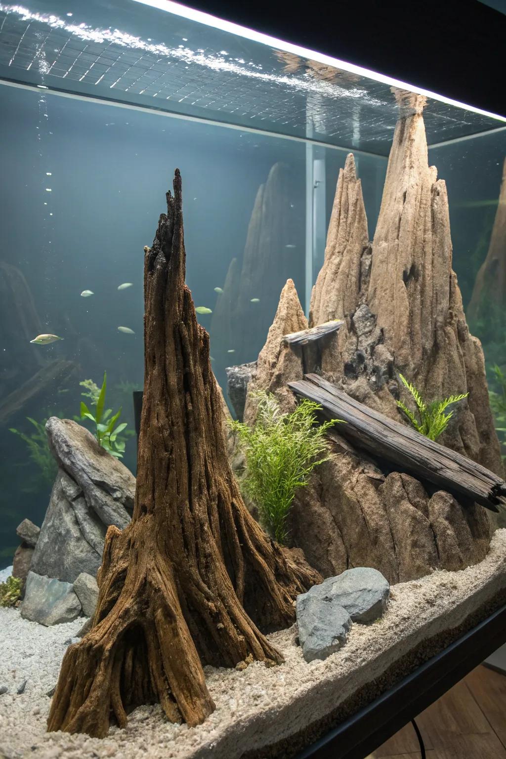 A dramatic mountainous landscape waterscape featuring towering aquatic wood summits.