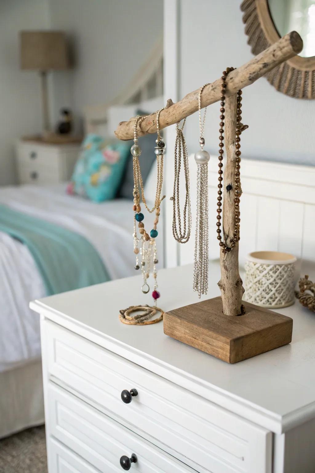 Organize your accessories with a driftwood jewelry tree.