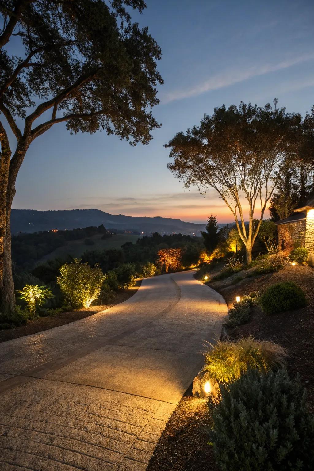 Imaginative lighting enhancing driveway safety and beauty.