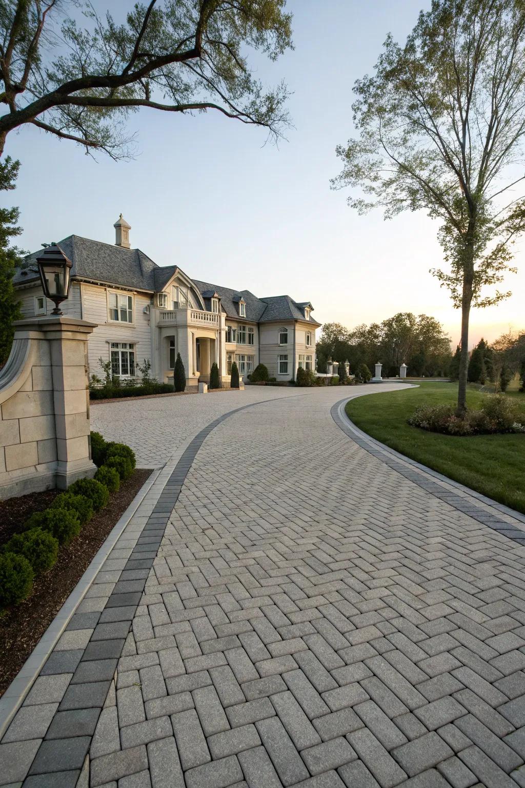 Structure and balance achieved with symmetrical paver layouts on a distinguished driveway.