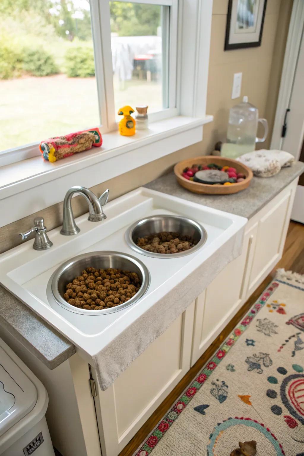 A reclaimed storage unit transformed into a dedicated pet feeding station.