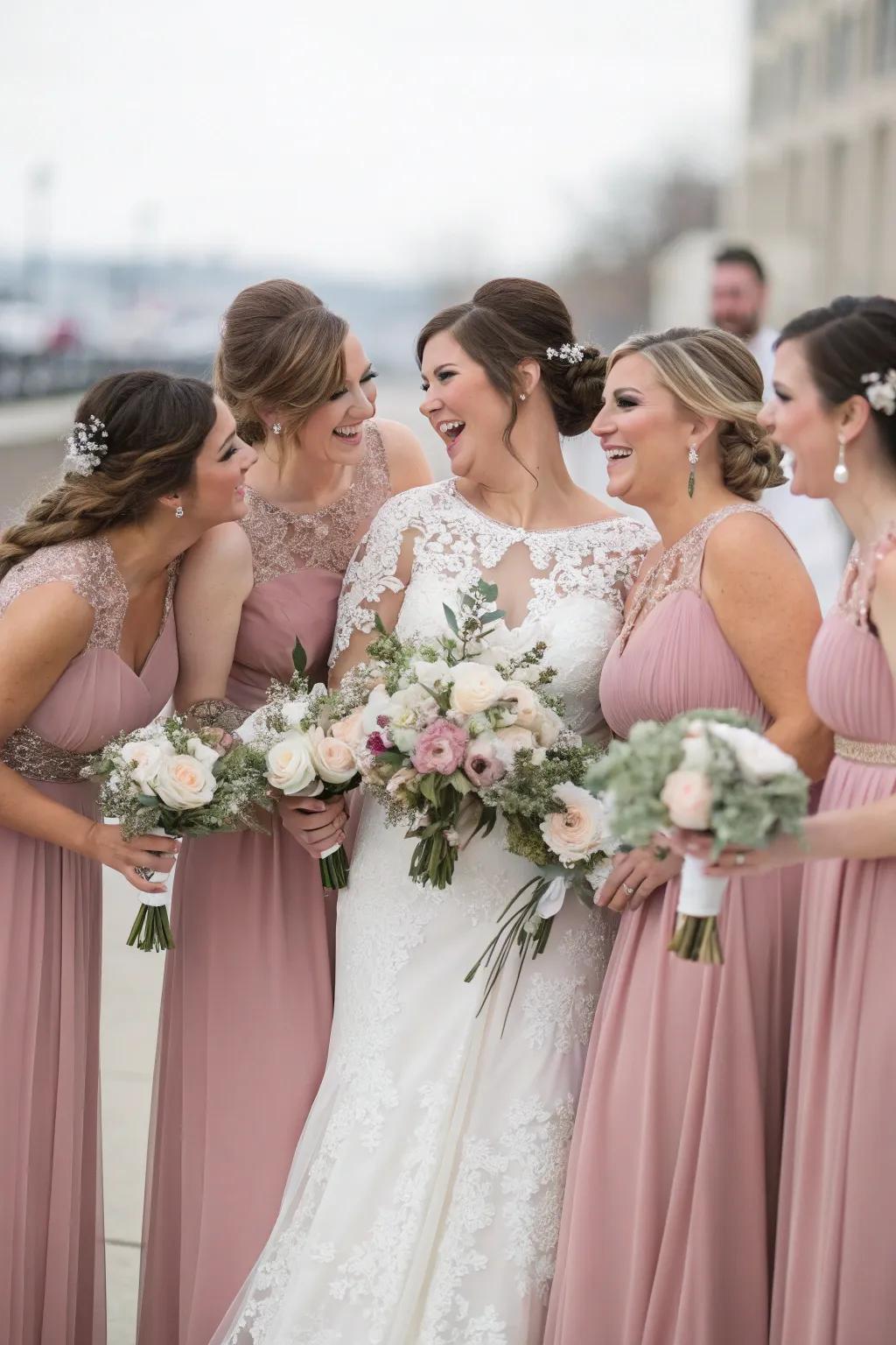 Bridal party in elegant rosewood blush apparel.