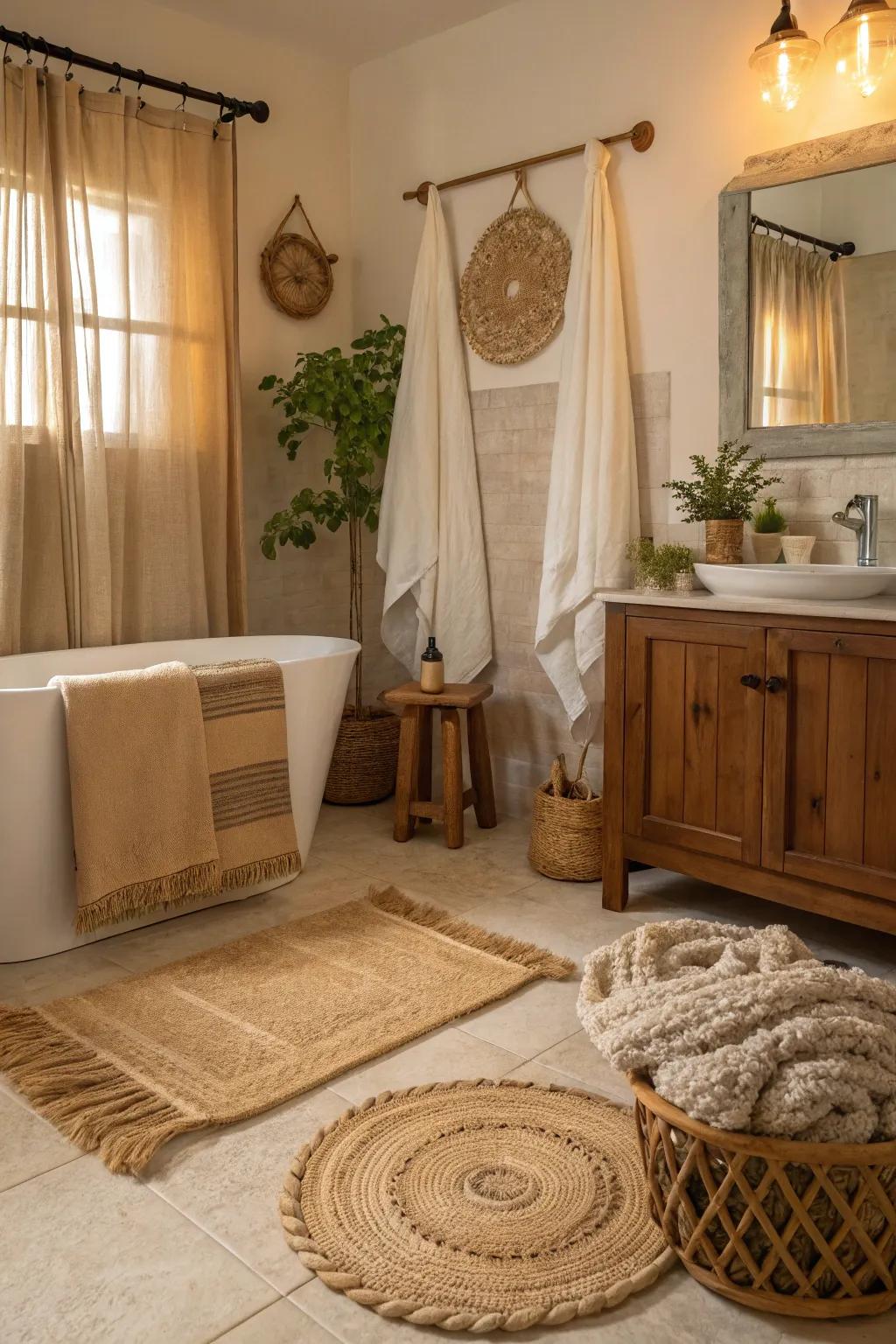 Natural fabric textiles introduce warmth and texture to the bathroom.