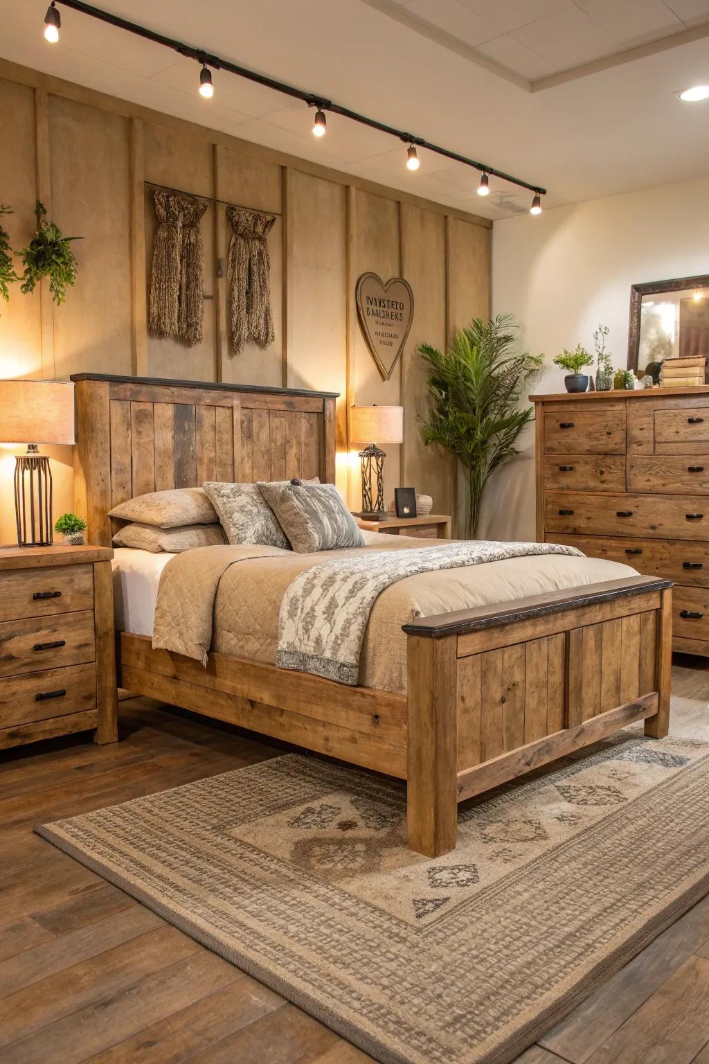 Refurbished timber furnishings promote eco-friendly living.