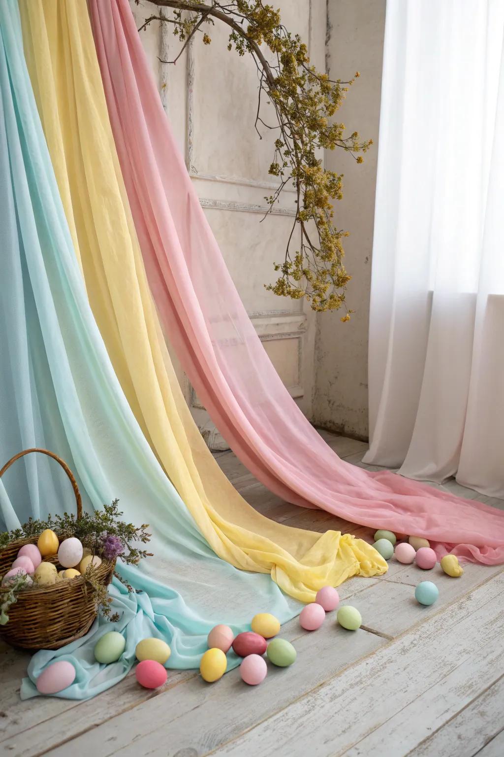 Delicate muted tone textile coverings fashion an elegant and serene Easter visual backdrop.