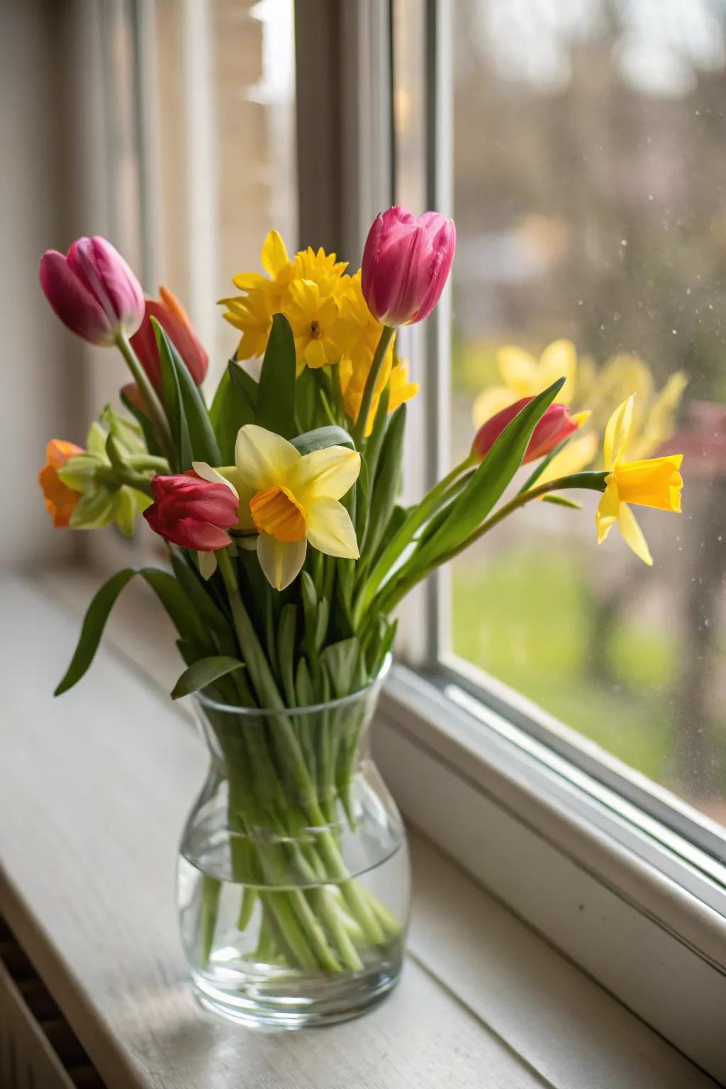 Modest springtime compositions contribute a vibrant dimension to any chamber.