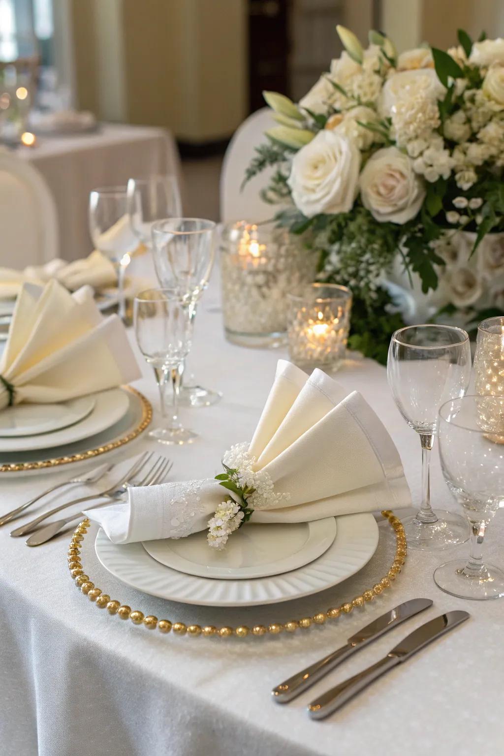 Stylish linen pleats contribute a sophisticated nuance to the arrangement.
