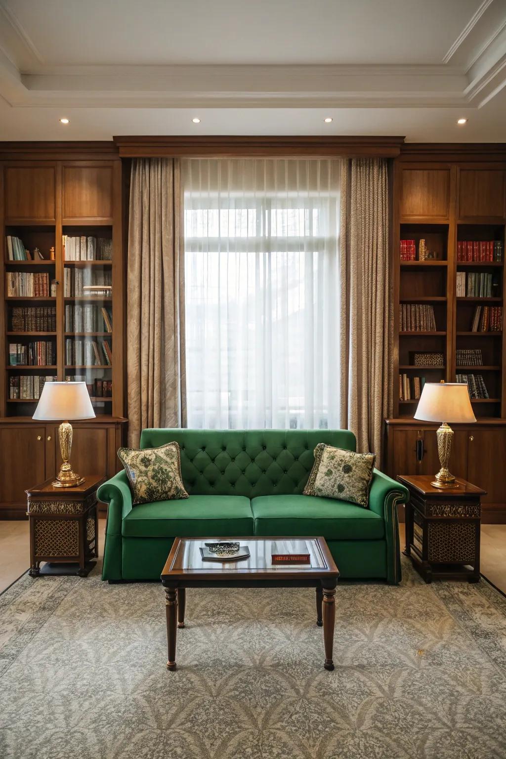 Symmetry around the deep-green couch creates balance.