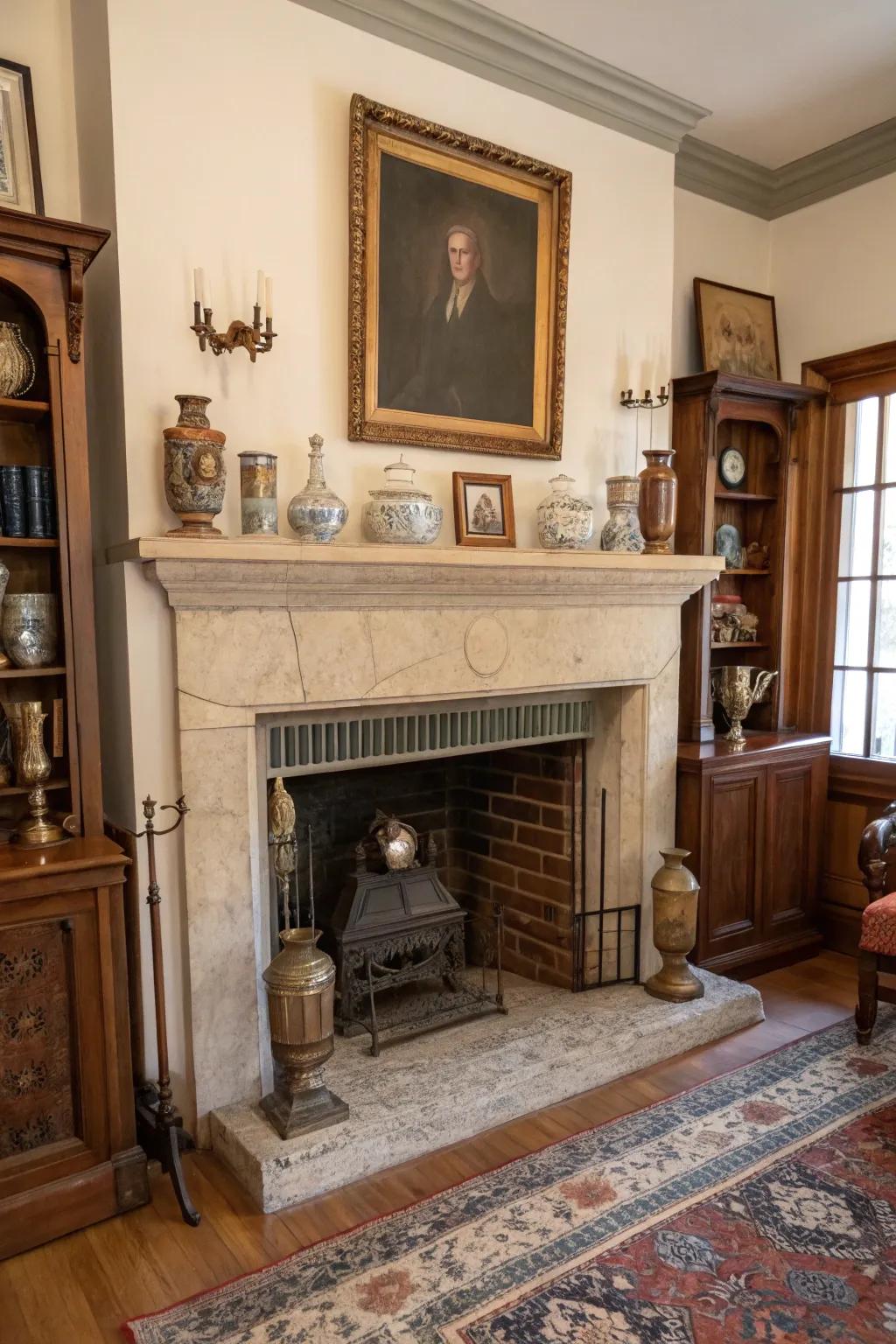 Introduce vintage charm through antiques within your fireplace.