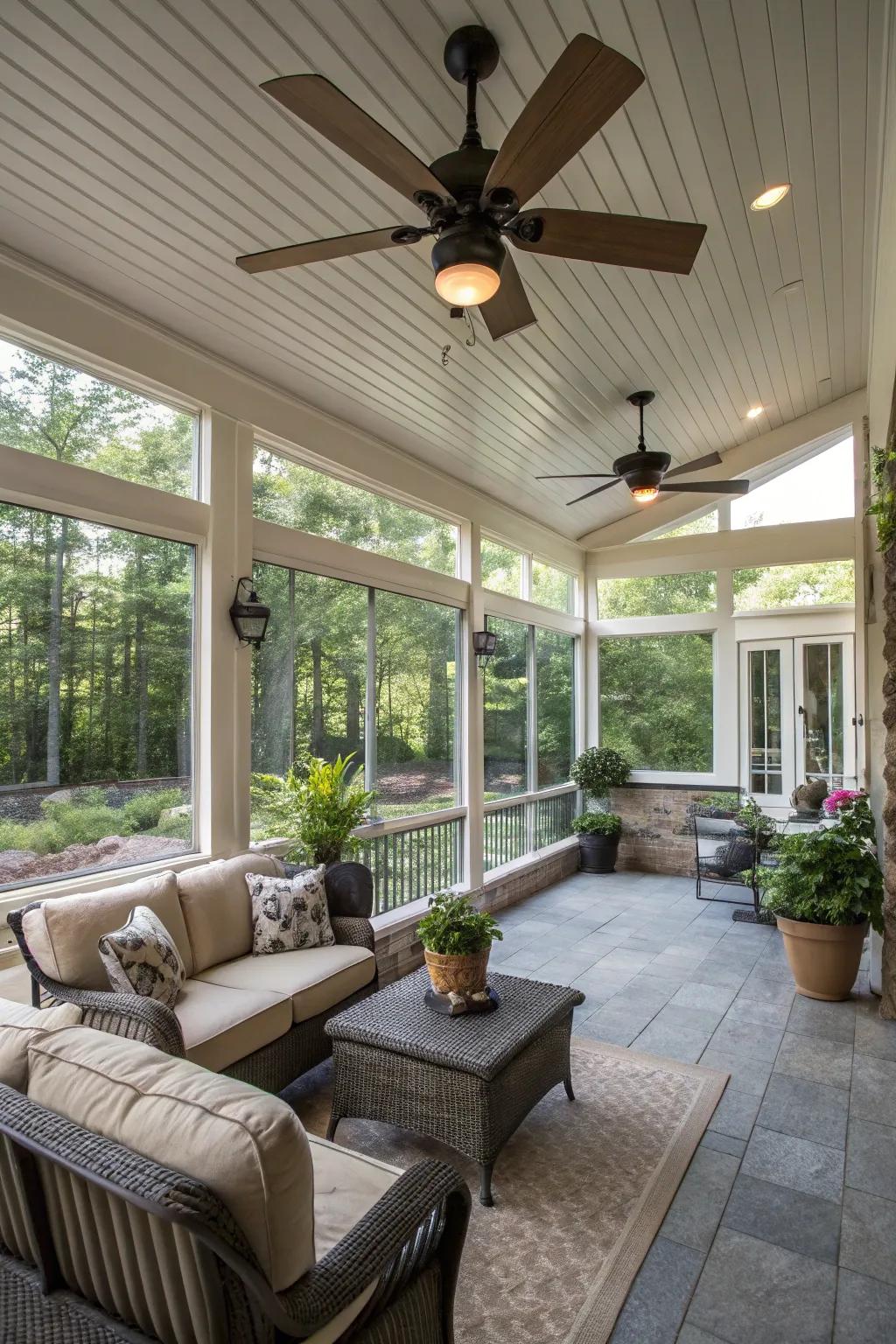 A well-ventilated patio with ceiling fans for a breezy atmosphere.