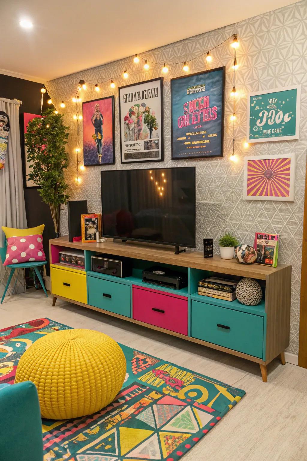 Bright decor elements add a pop of color to this entertainment center.