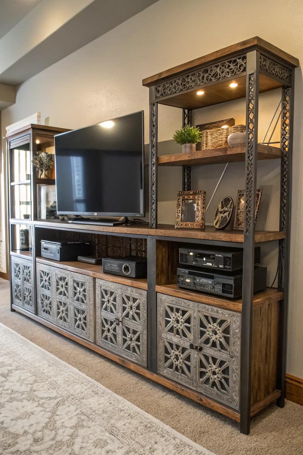 A bespoke-built entertainment center displaying unique craftsmanship.