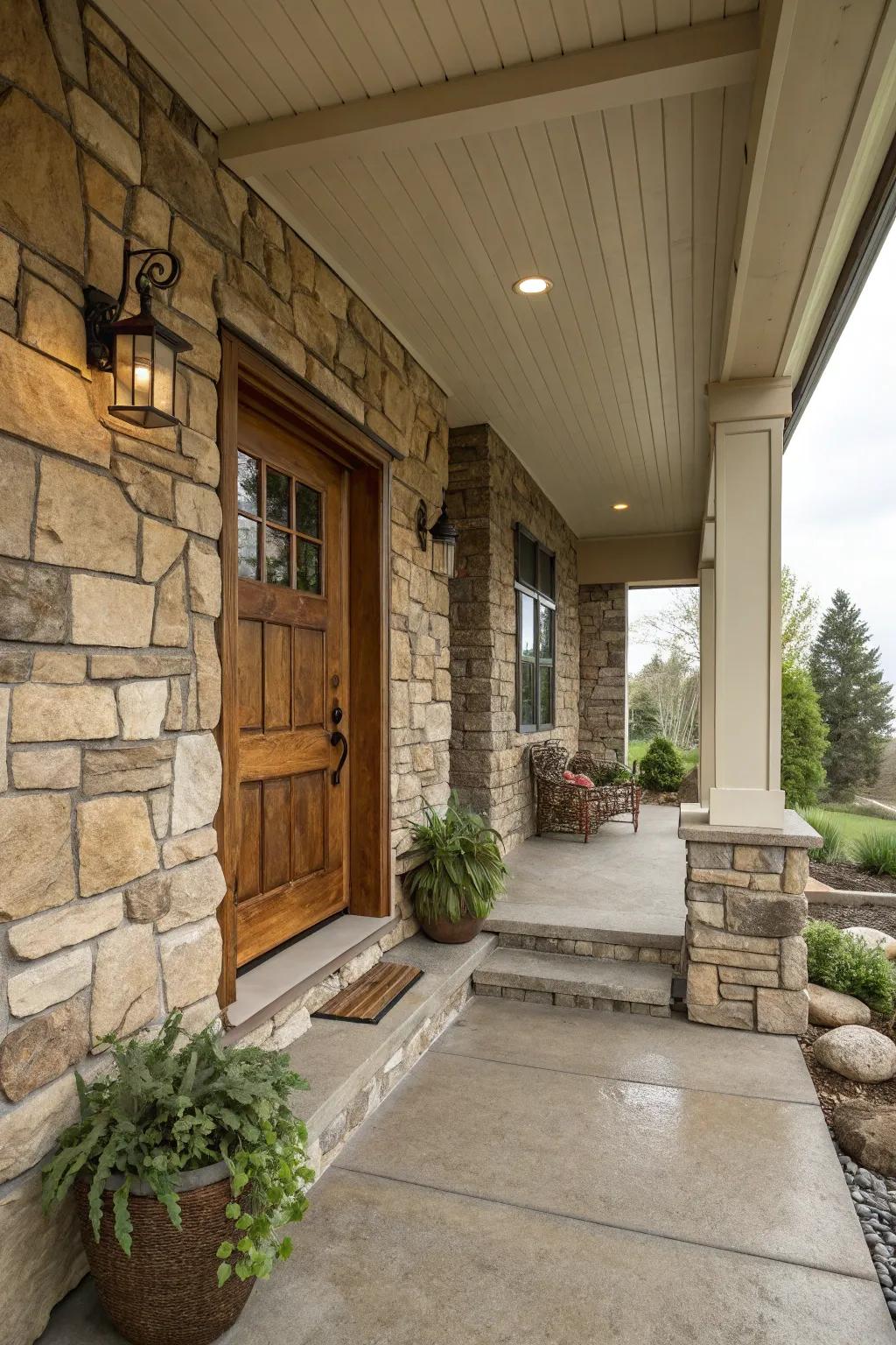 A subtle stone highlight wall that elevates the porch's aesthetic appeal.