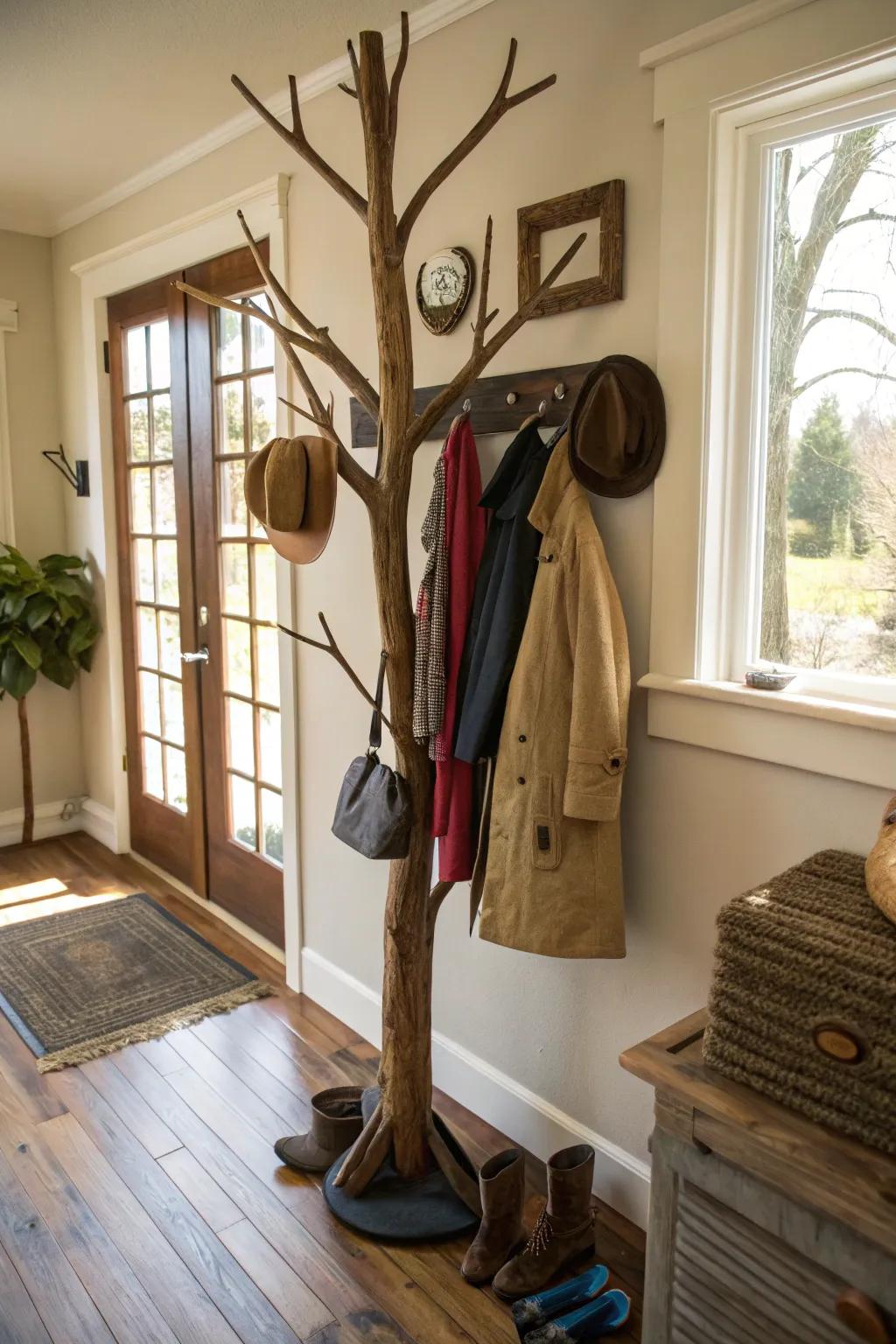 Nature-inspired, a tree branch rack adds character.