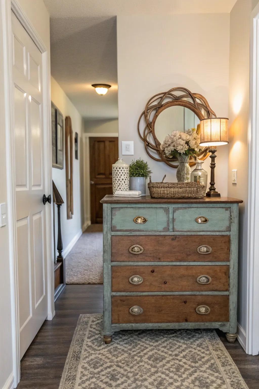 A repurposed dresser brings charm and function to the entryway.