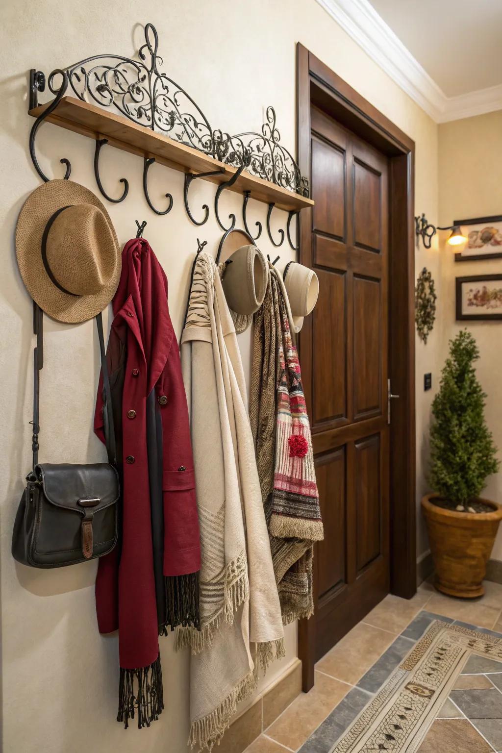 Decorative hooks unite functionality and style in the entryway.